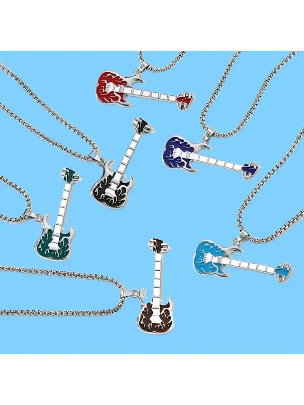 Royal Blue Flaming Guitar with White Neck Rocker Necklace and Pendant 1559
